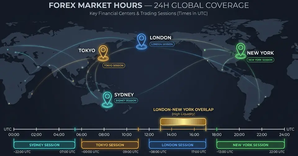 Forex trading sessions world map showing Sydney, Tokyo, London and New York market hours and overlaps